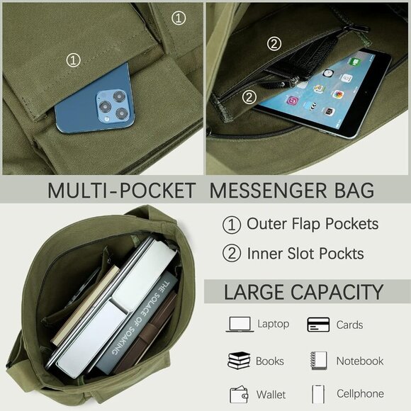 Canvas Messenger Bag Large Hobo Crossbody Tote with Multiple Pockets for Women M - Picture 5 of 6